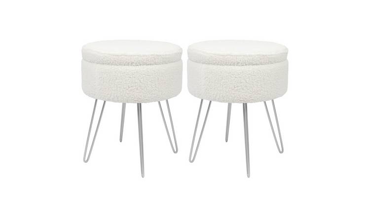 Harbour Housewares 2x Round Velvet Storage Footstool with Silver Legs - Cream