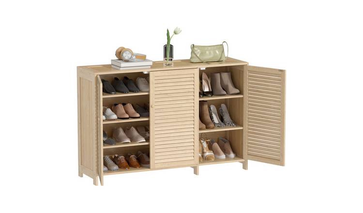 HOMCOM Bamboo Adjustable Shoe Cabinet with 3 Louvered Doors - Natural Wood