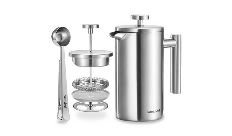 VonShef 6 Cup/800ml Double Wall Stainless Steel Cafetiere - Silver