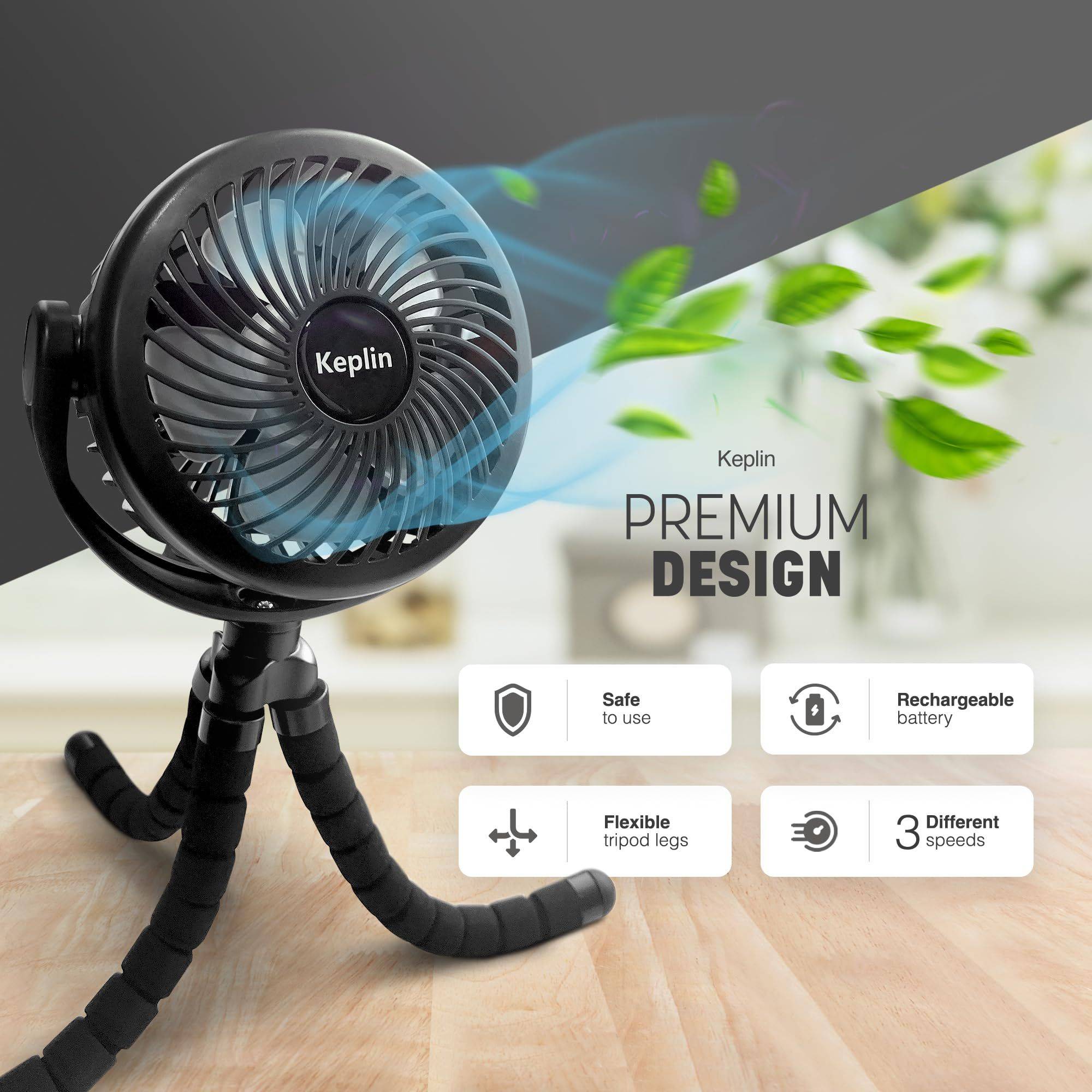 Keplin 5000mAh Rechargeable Flexible Tripod Stroller Fan - Black - Image 3