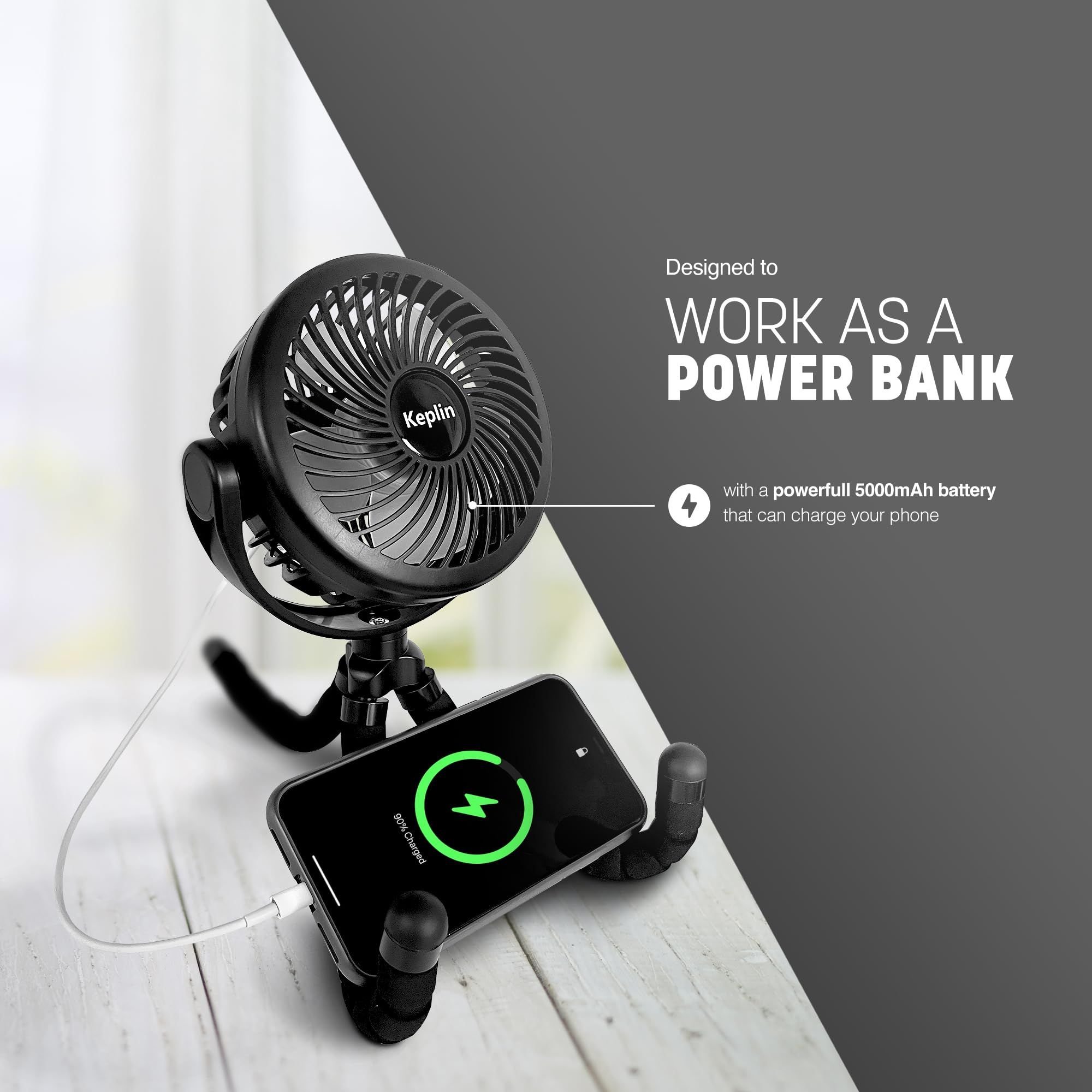 Keplin 5000mAh Rechargeable Flexible Tripod Stroller Fan - Black - Image 4