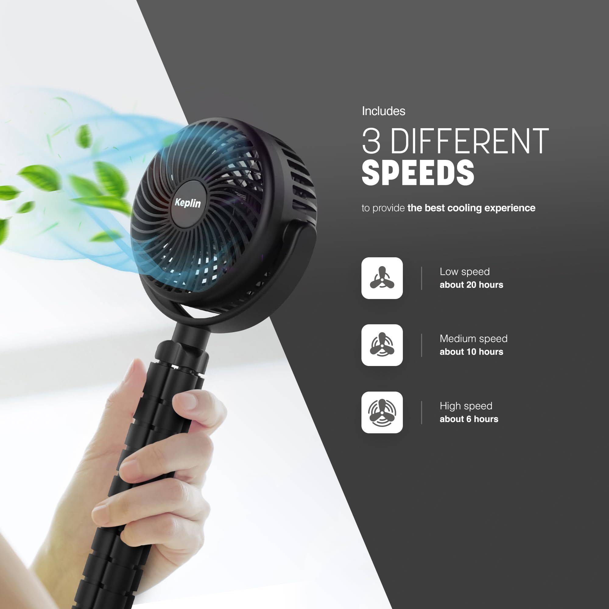 Keplin 5000mAh Rechargeable Flexible Tripod Stroller Fan - Black - Image 5