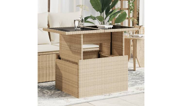 Walplus Poly Rattan Garden Table with Glass Top - Beige - 100 x 55 x 73 cm