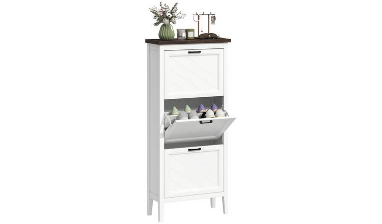 HOMCOM Farmhouse Narrow Shoe Storage Cabinet with 3 Flip Drawers - White