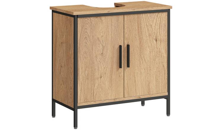 HOMCOM Steel Industrial Adjustable Freestanding Bathroom Cabinet - Oak