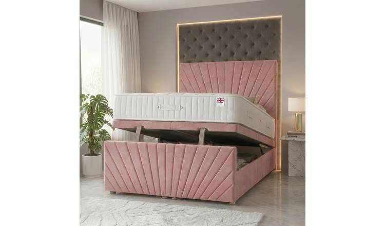 Somnior Velvet Small Single Ottoman Divan Bed with Memory Mattress - Pink