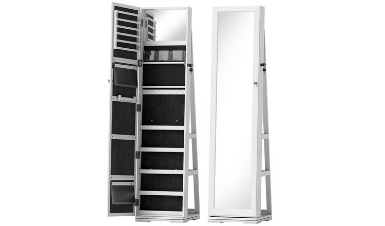 HOMCOM Swivel Jewellery Cabinet with Storage and Built in Mirror - White