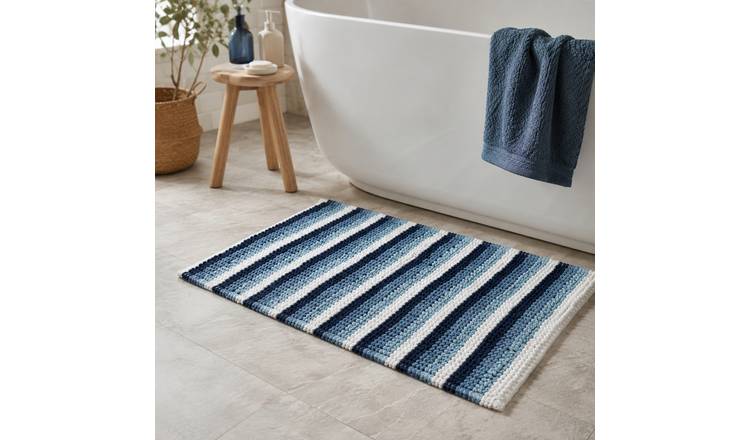 New Edge Blinds Padstow Stripe Bath Mat - 80cm x 50cm - Blue