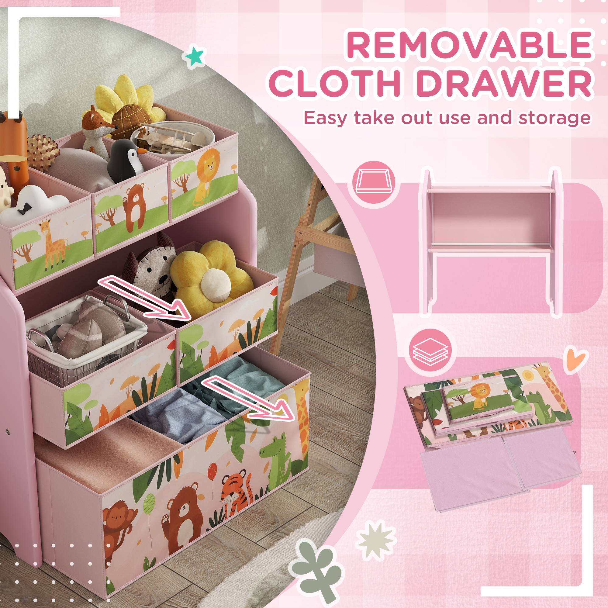 AIYAPLAY 3 Tier Wooden Toy Organiser Kids Storage Rack - Pink - Image 5