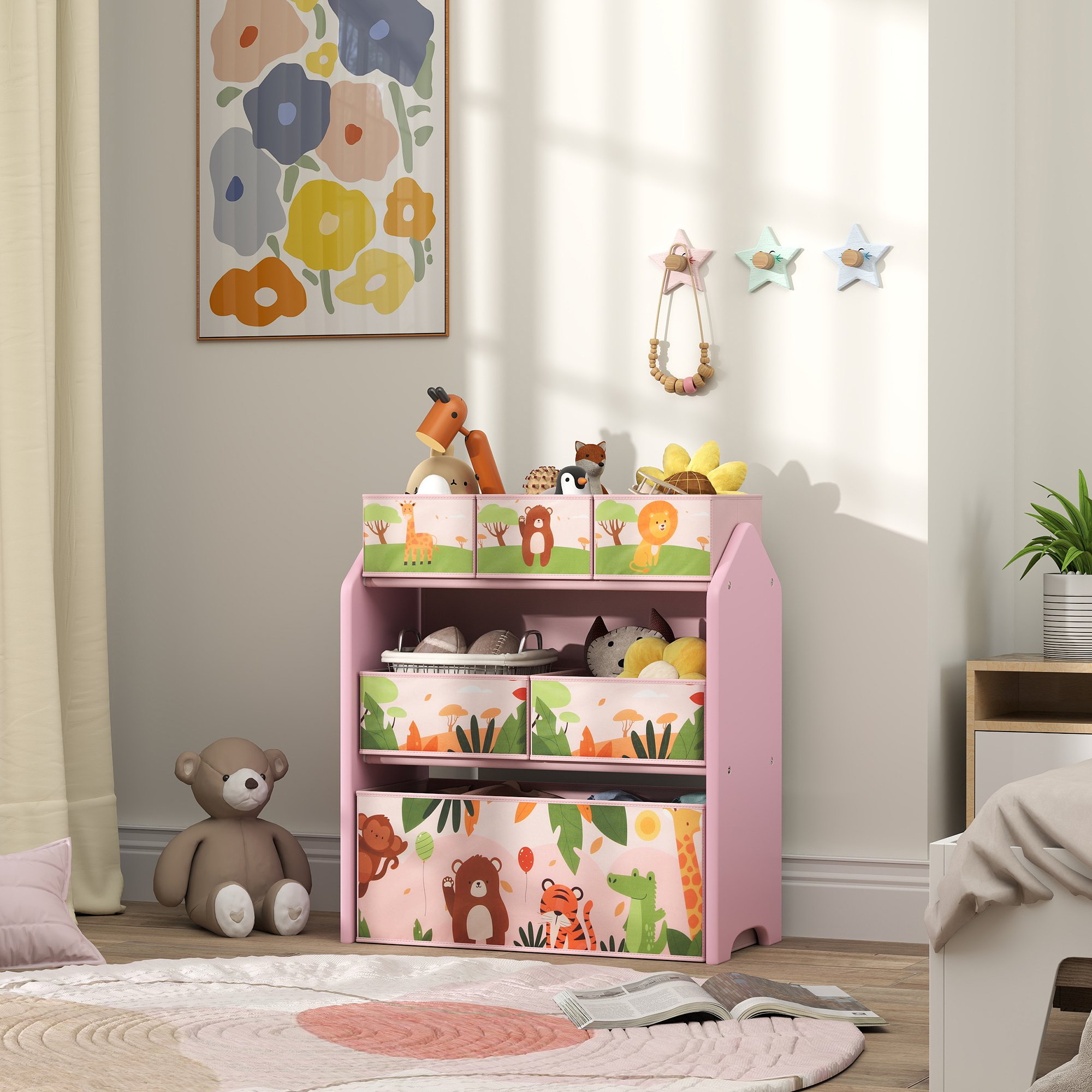 AIYAPLAY 3 Tier Wooden Toy Organiser Kids Storage Rack - Pink - Image 6