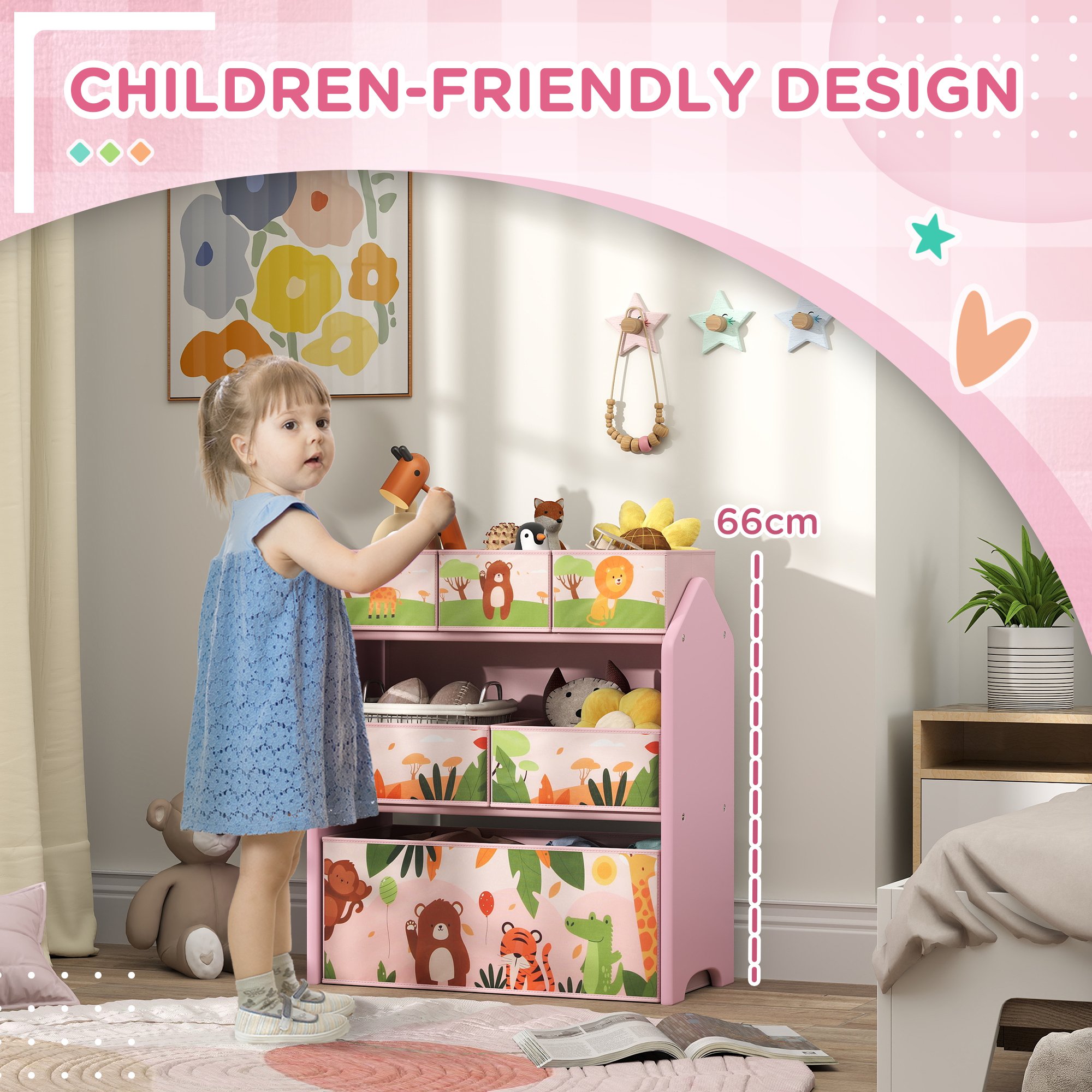 AIYAPLAY 3 Tier Wooden Toy Organiser Kids Storage Rack - Pink - Image 7