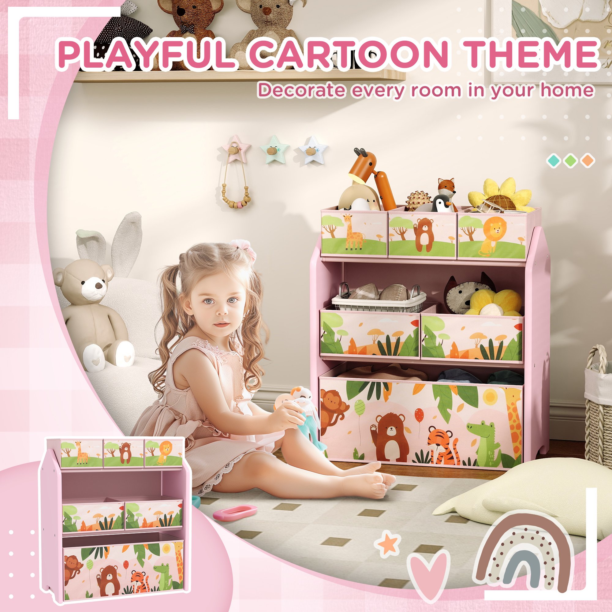 AIYAPLAY 3 Tier Wooden Toy Organiser Kids Storage Rack - Pink - Image 8