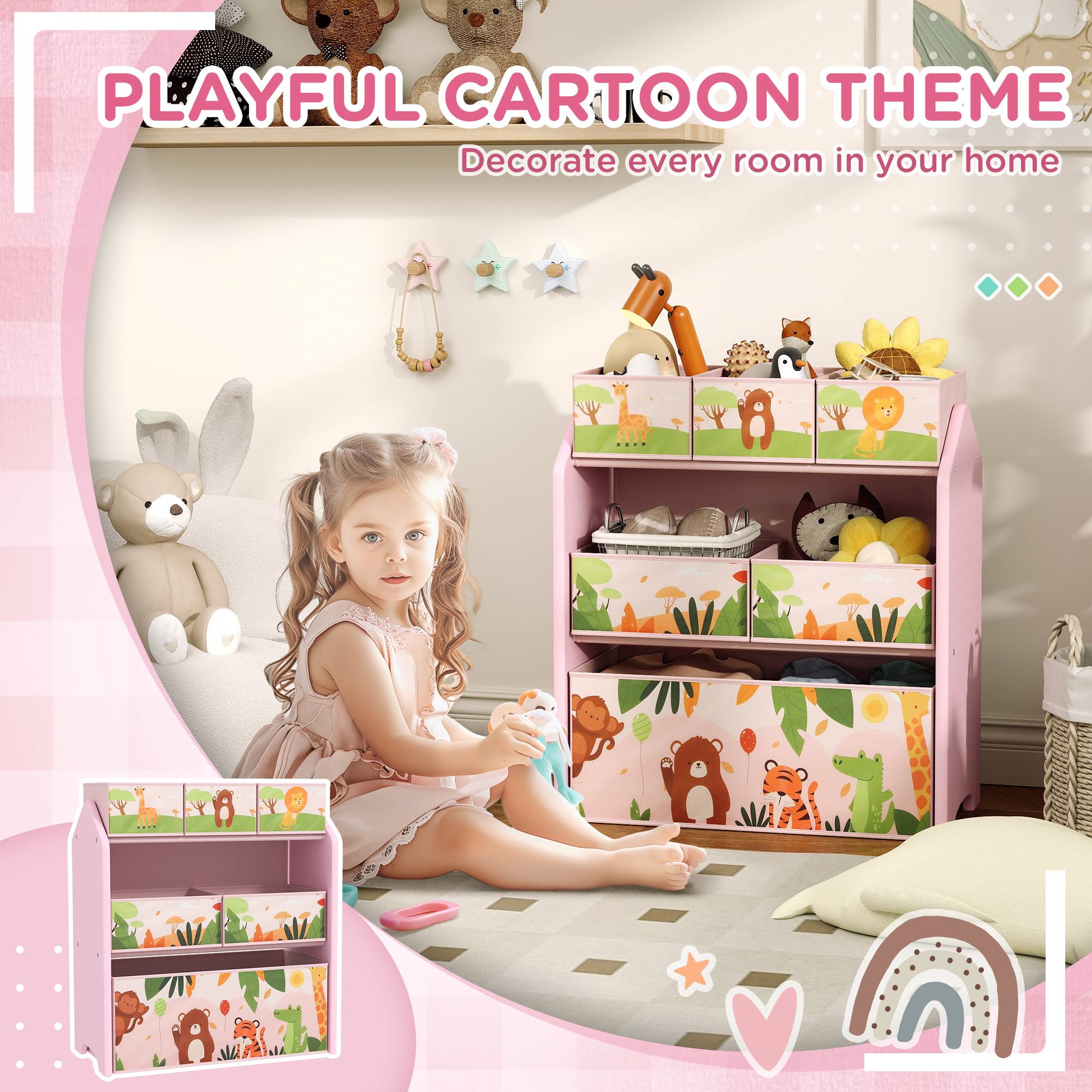 AIYAPLAY 3 Tier Wooden Toy Organiser Kids Storage Rack - Pink - Image 8