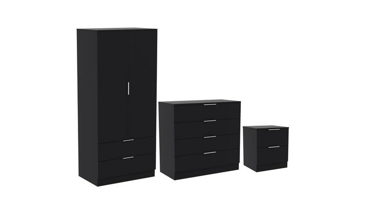 Vida Designs Trega Bedroom Set (Bedside, 4 Drawer Chest, 2x2 Wardrobe) - Black