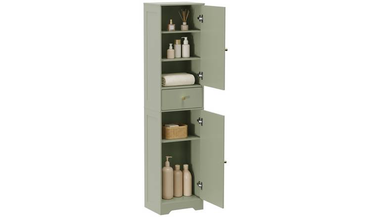 HOMCOM Tall 2 Door Drawer Adjustable Shelf Bathroom Cabinet – Light Green