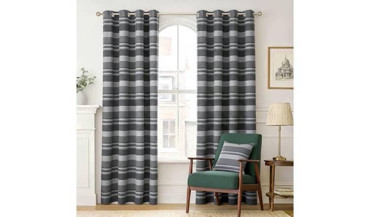 Homescapes Grey Cotton Morocco Striped Curtains - 167cm x 182cm
