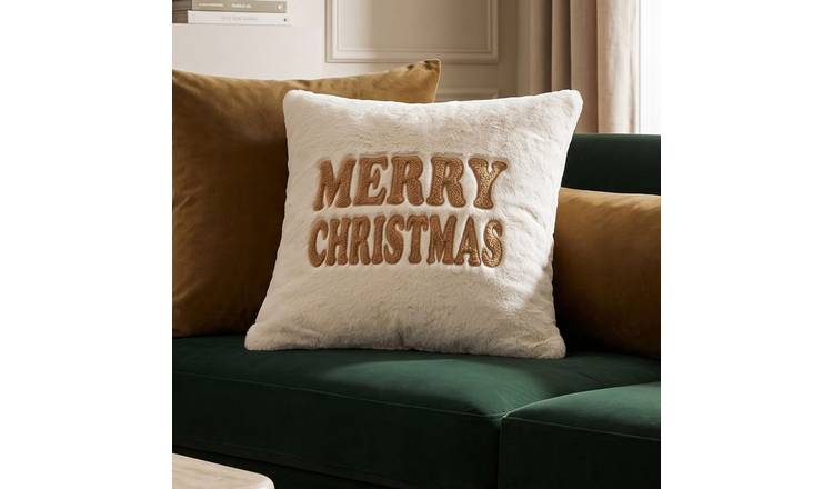 Homescapes Festive Faux Fur Cushion – Embroidered Holiday Greeting
