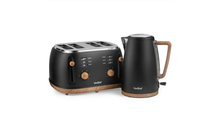 VonShef Fika 1.7L/4 Slice Kettle & Toaster Set - Black & Wood