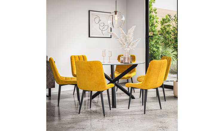 Furniture Online Malvern Nova Glass Top Dining Table & 6 Mustard Chairs