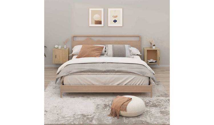 Walplus Pack of 2 Wall Mounted Bedside Cabinet - Light Oak - 50 x 30 x 47 cm