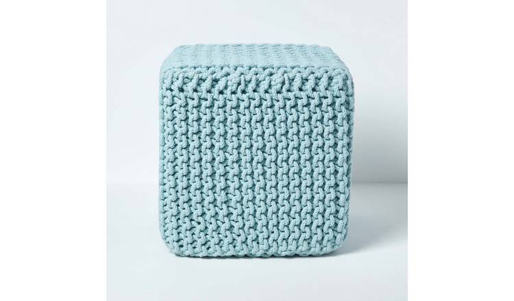 Homescapes Cube Cotton Knitted Pouffe Footstool – Duck Egg Blue