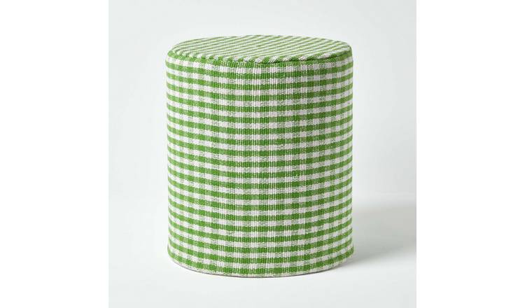 Homescapes Gingham Check Cotton Round Pouffe – 40 x 42 cm – Green
