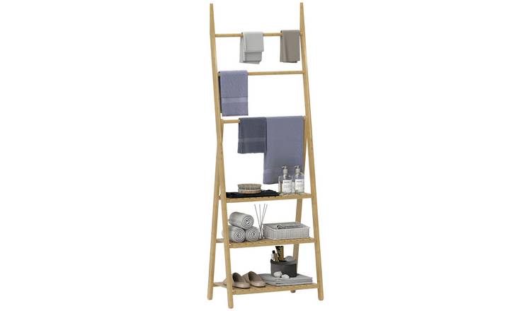 HOMCOM 3-Tier Bamboo Storage Shelving Unit with Towel Bars - Natural Wood