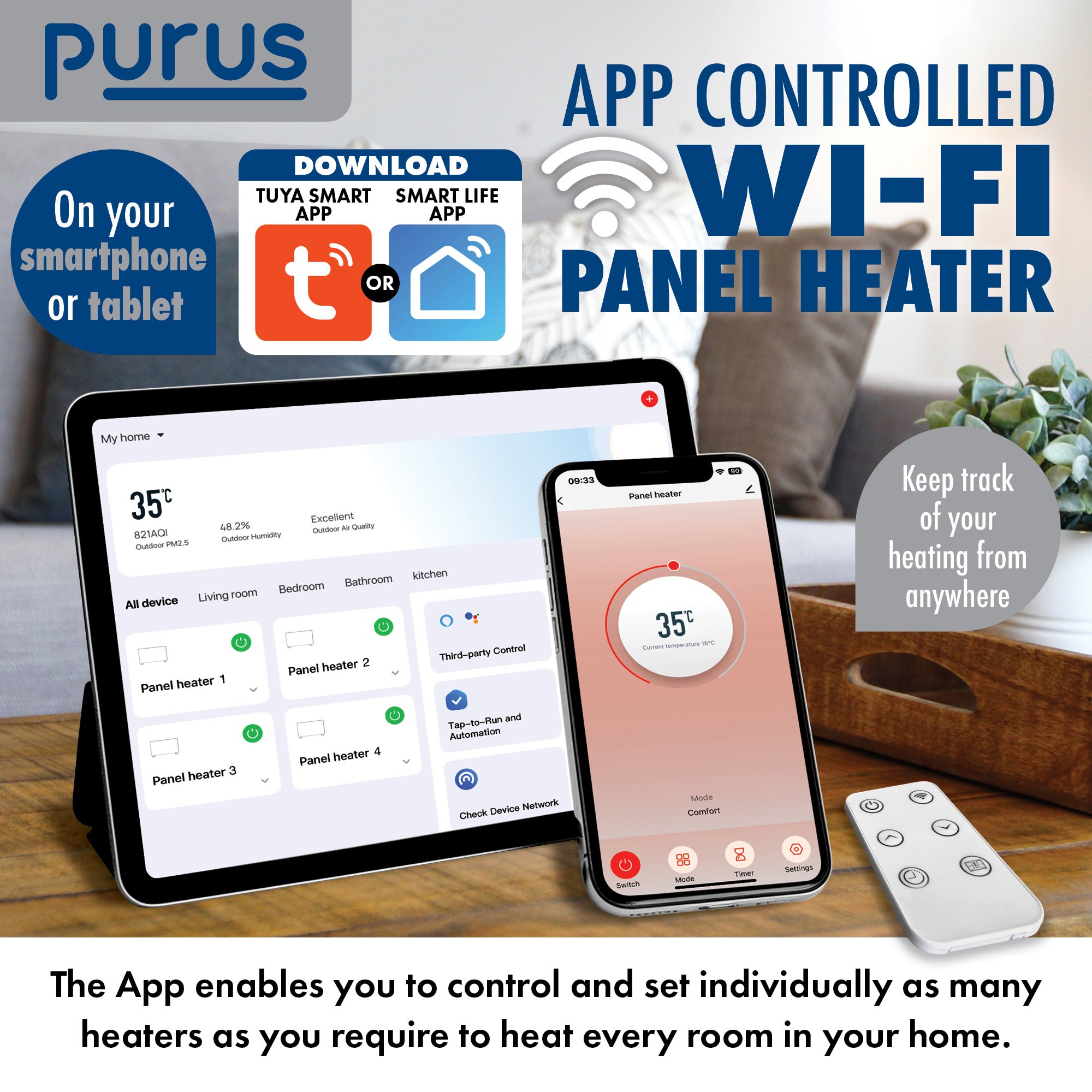 Purus 1800W Smart WiFi Electric Panel Heater - White - Image 2