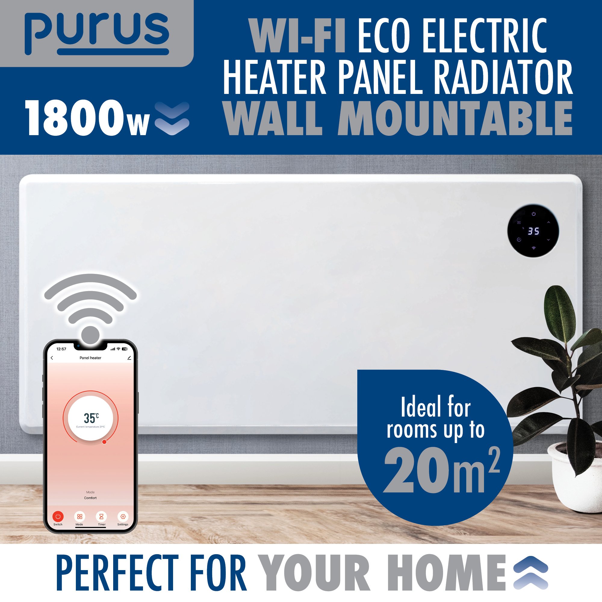 Purus 1800W Smart WiFi Electric Panel Heater - White - Image 3