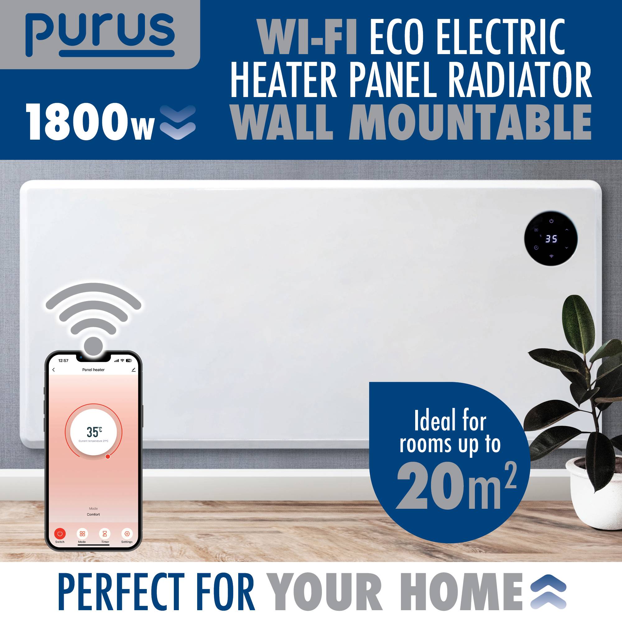 Purus 1800W Smart WiFi Electric Panel Heater - White - Image 3