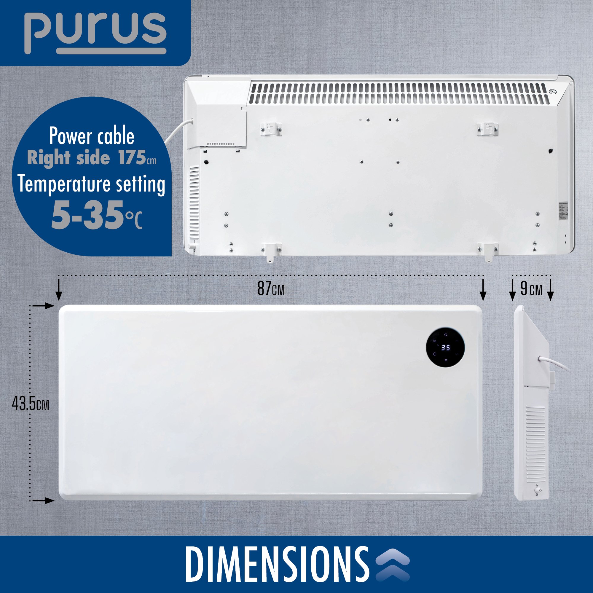 Purus 1800W Smart WiFi Electric Panel Heater - White - Image 4
