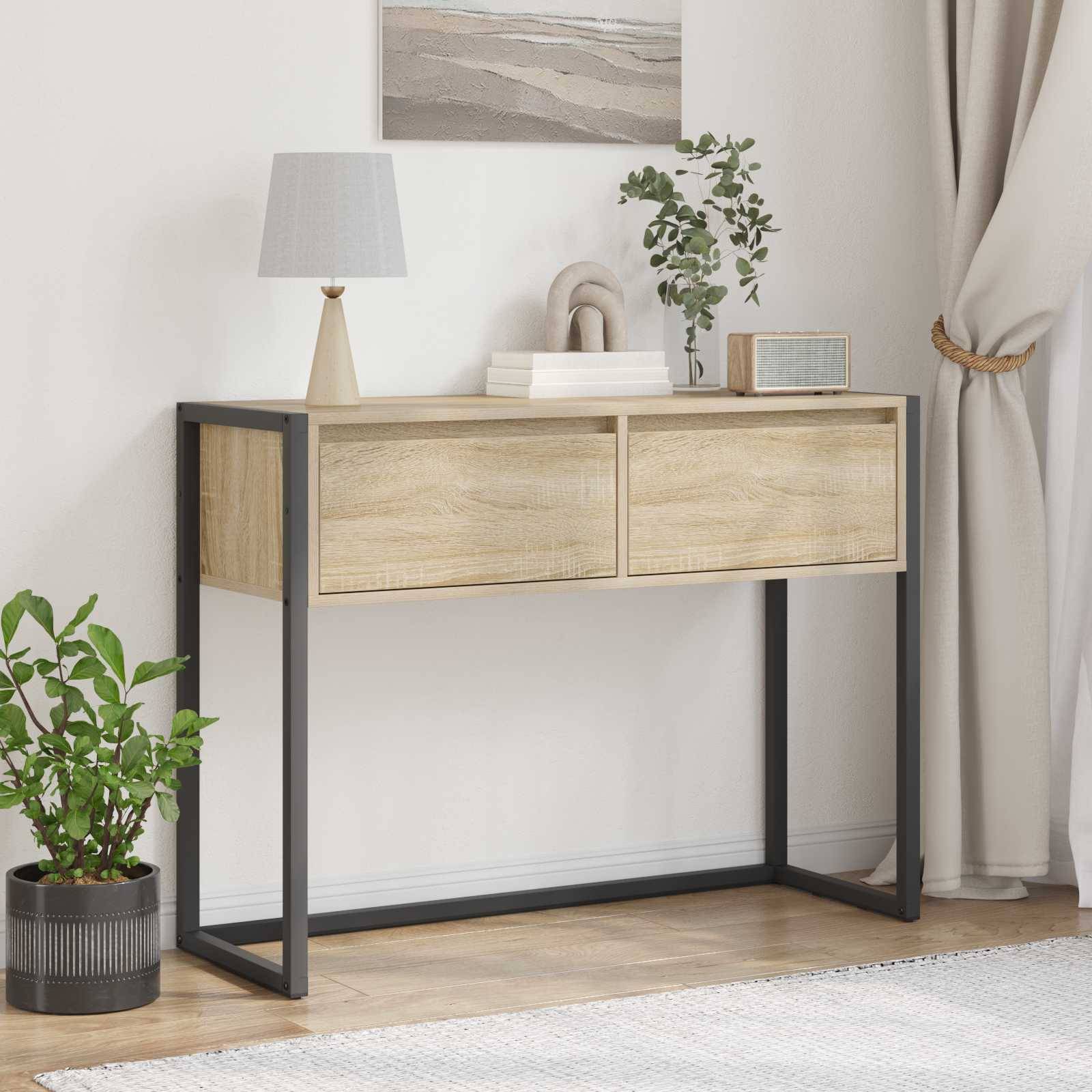 Walplus 2 Drawer Engineered Wood End Table - Light Oak - 100 x 36 x 75 cm - Image 1