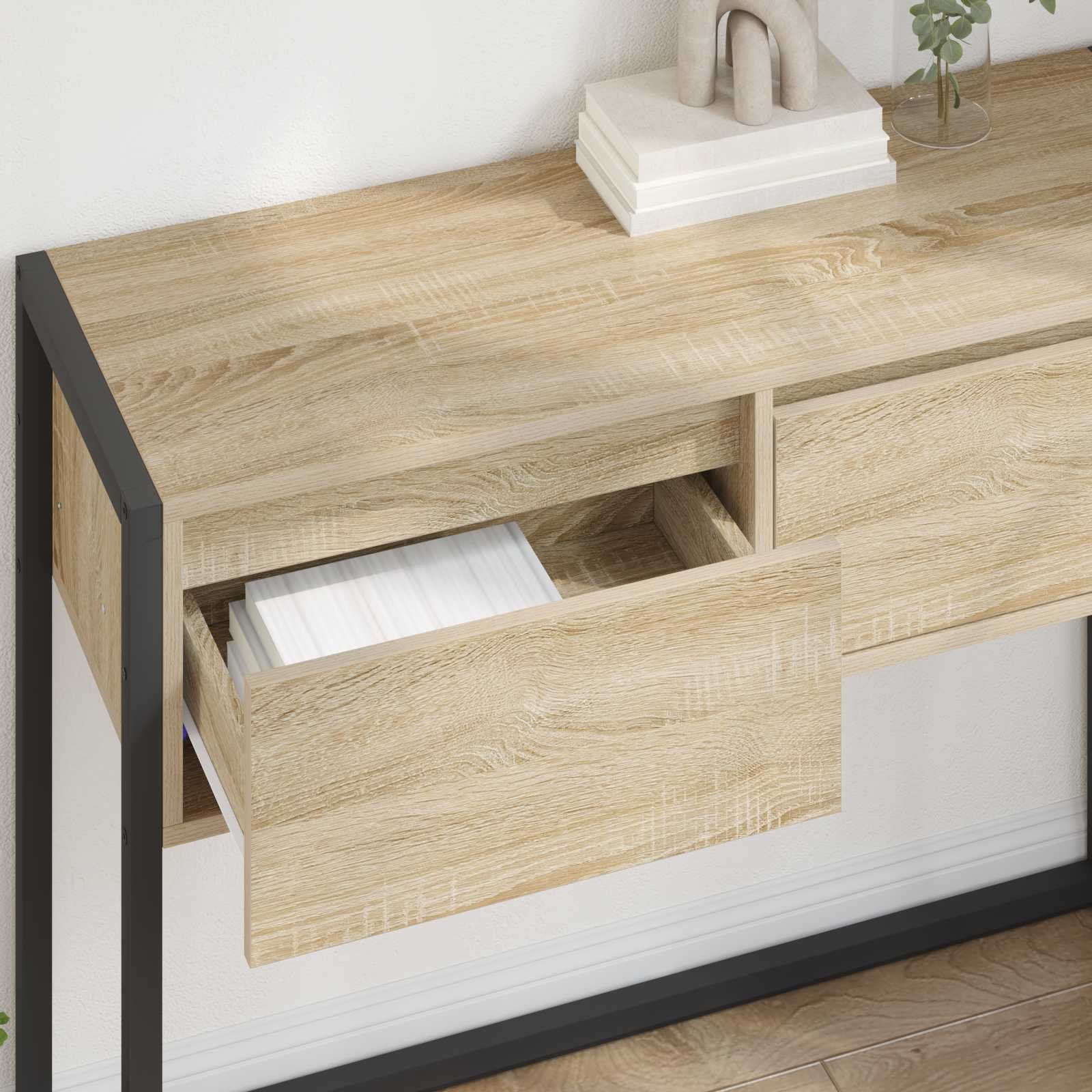 Walplus 2 Drawer Engineered Wood End Table - Light Oak - 100 x 36 x 75 cm - Image 4