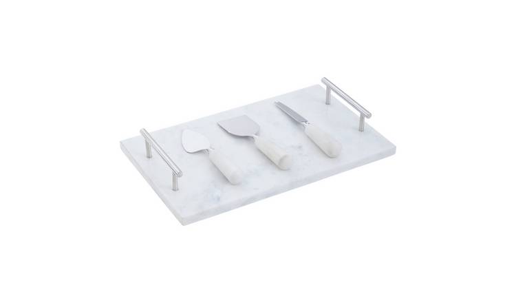 Orsina Marina White Marble Cheese Board with 3 Cheese Tools – White and Silver