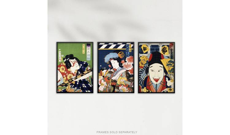 Vintage Japanese Theatre Colourful Kabuki Set Of 3 Wall Art Poster Pack - A4