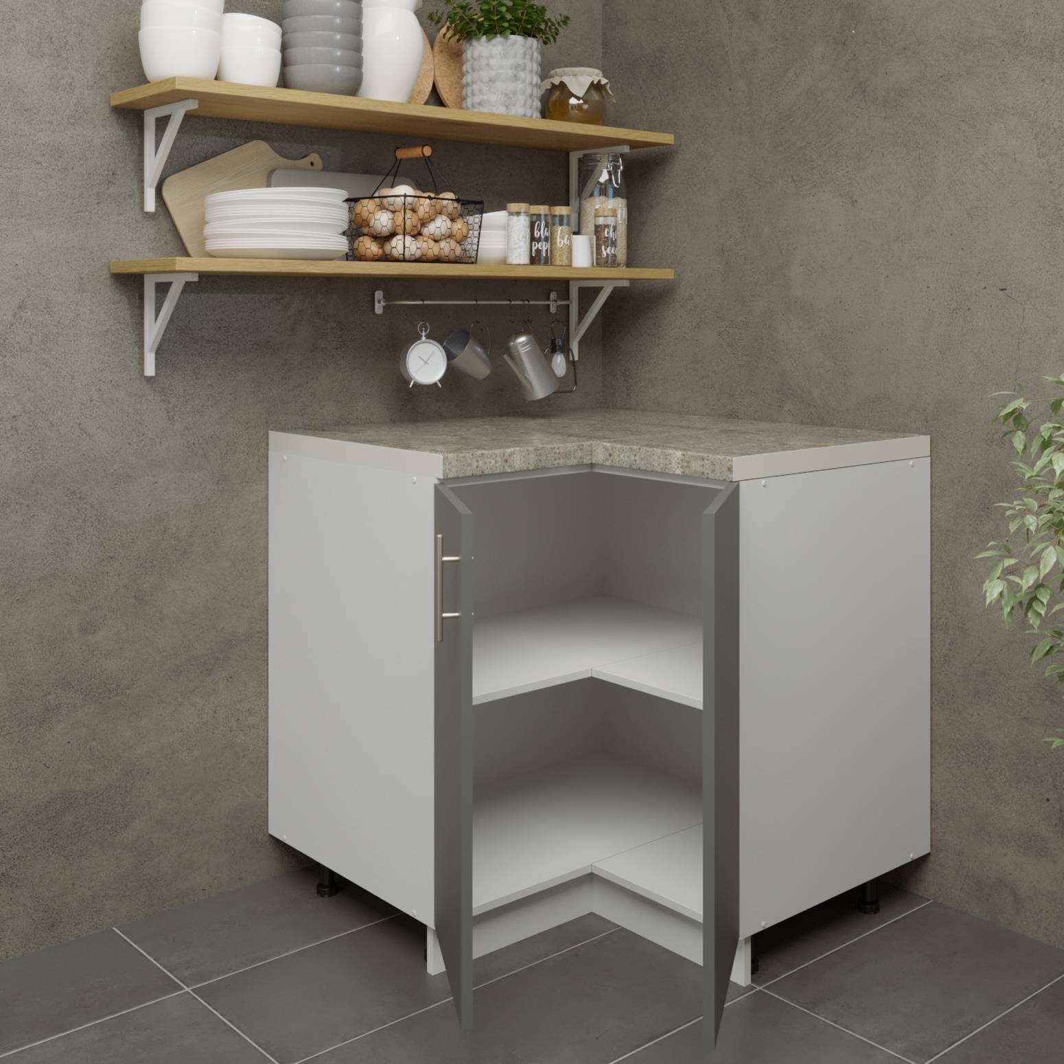JD Greta 900mm Adjustable Base Corner Cabinet 2 Doors & Worktop - Grey Matt - Image 2