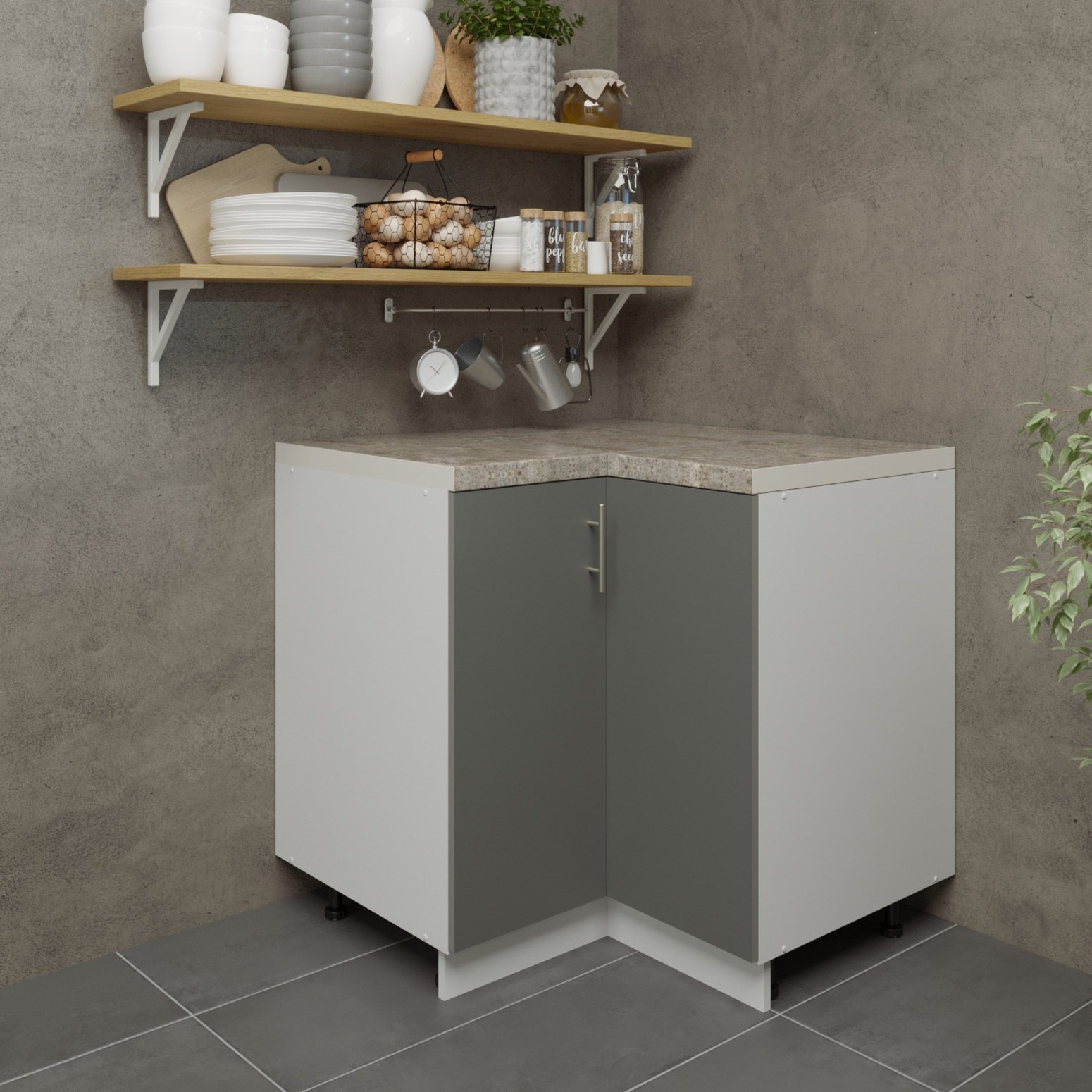 JD Greta 900mm Adjustable Base Corner Cabinet 2 Doors & Worktop - Grey Matt - Image 3