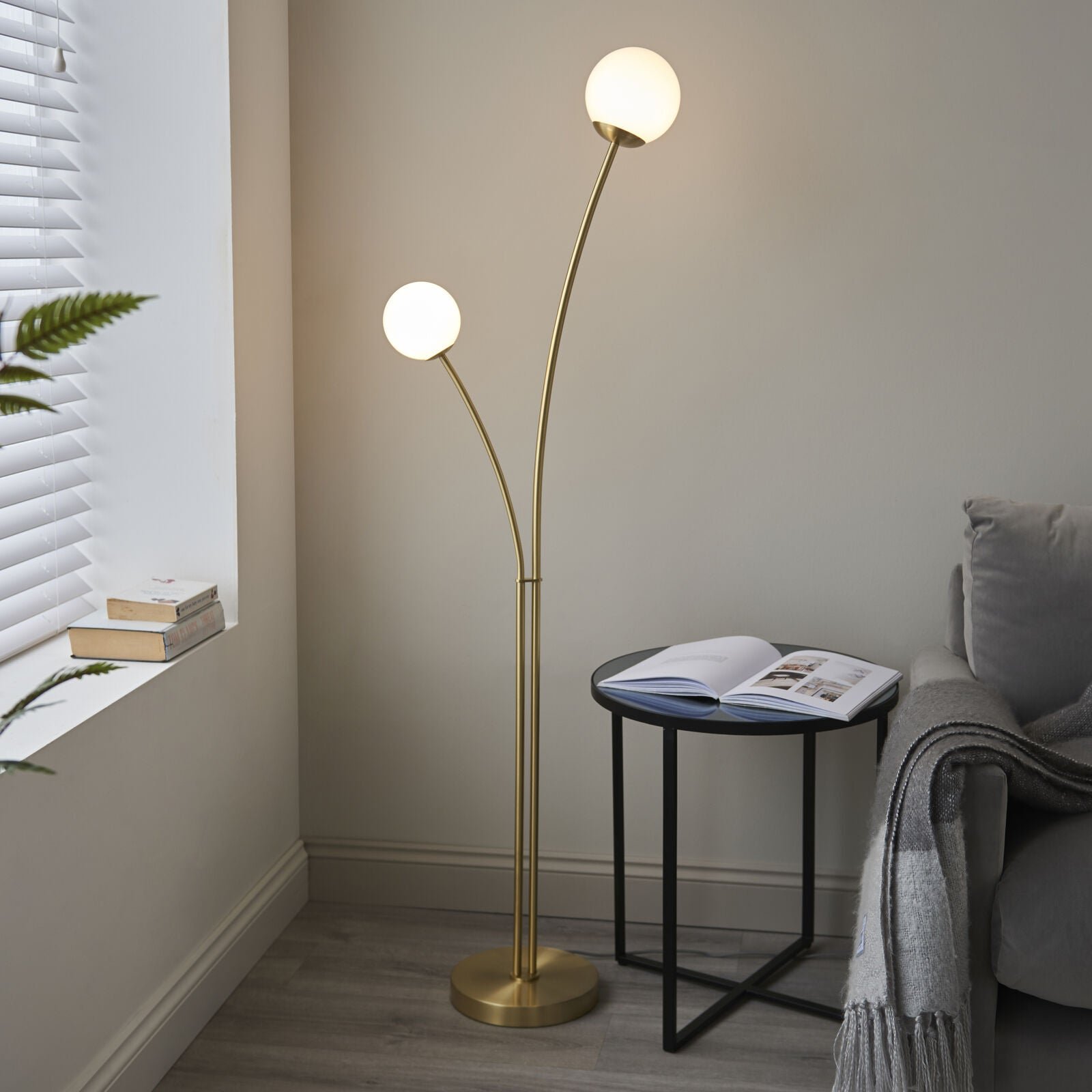 Loops Direct 45cm Diameter Floor Lamp - Satin Brass and Opal Glass - Image 2