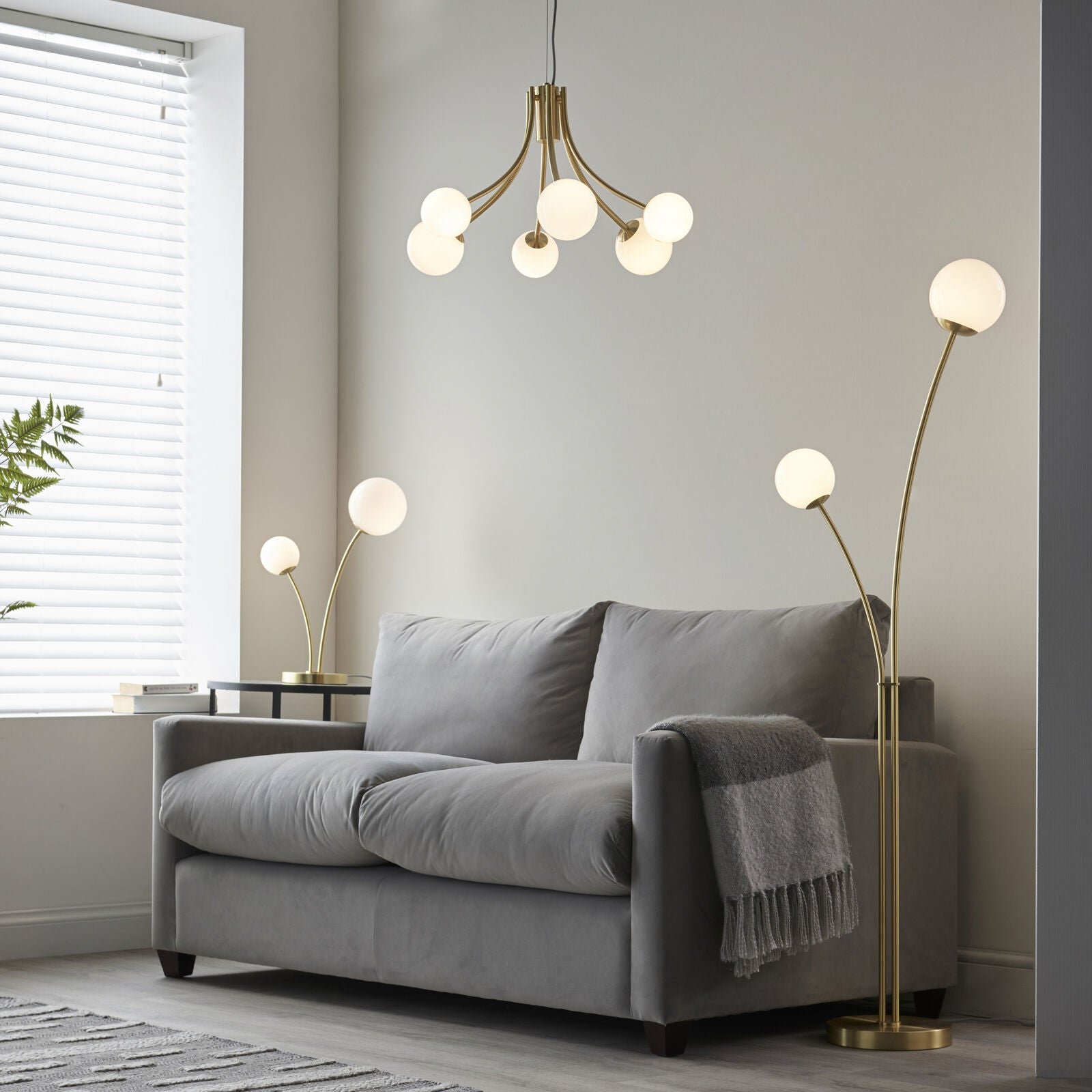 Loops Direct 45cm Diameter Floor Lamp - Satin Brass and Opal Glass - Image 3