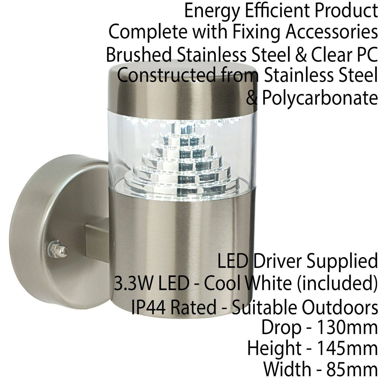 Loops Direct Stainless Steel LED Wall Light - Brushed Steel - Image 2
