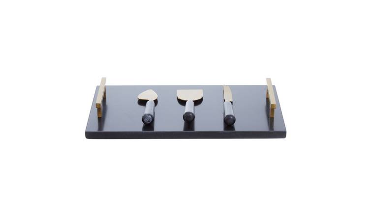 Orsina Marina Black Marble Cheese Board with Three Cheese Tools – Black and Gold