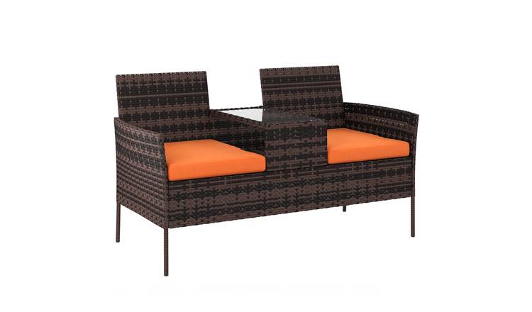 Outsunny Rattan Garden Bench with Glass Tea Table - Brown and Orange