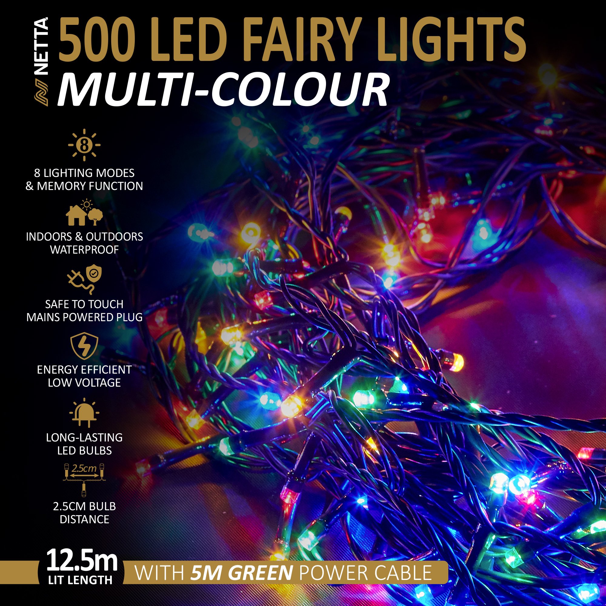 NETTA 500 LED 12.5m Christmas Fairy String Lights with Timer - Multicolour - Image 2