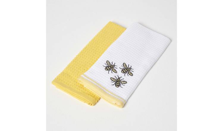Homescapes Pack of 2 Bumble-Bee Waffle Cotton Tea Towels - Yellow