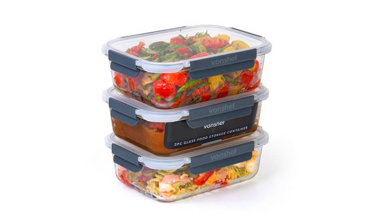 VonShef 3pc 1.5L Airtight Glass Meal Prep Food Containers - Clear