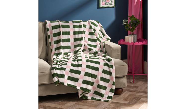 OHS Geo Print Ultra Soft Blanket Throw 125 x 150cm - Green/Pink