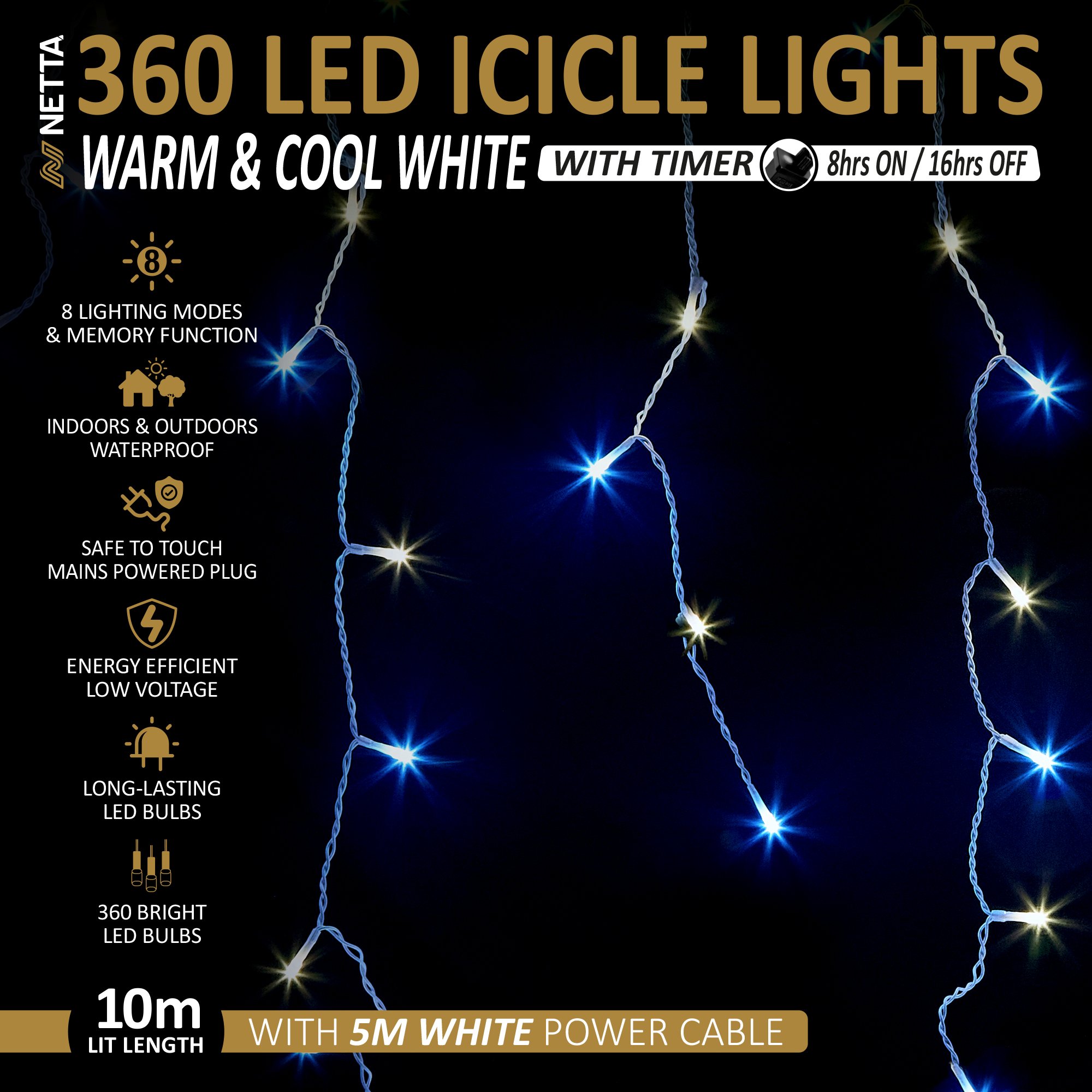 NETTA 10m 360 LED Outdoor Icicle Christmas Lights with Timer - Warm Cool - Image 2
