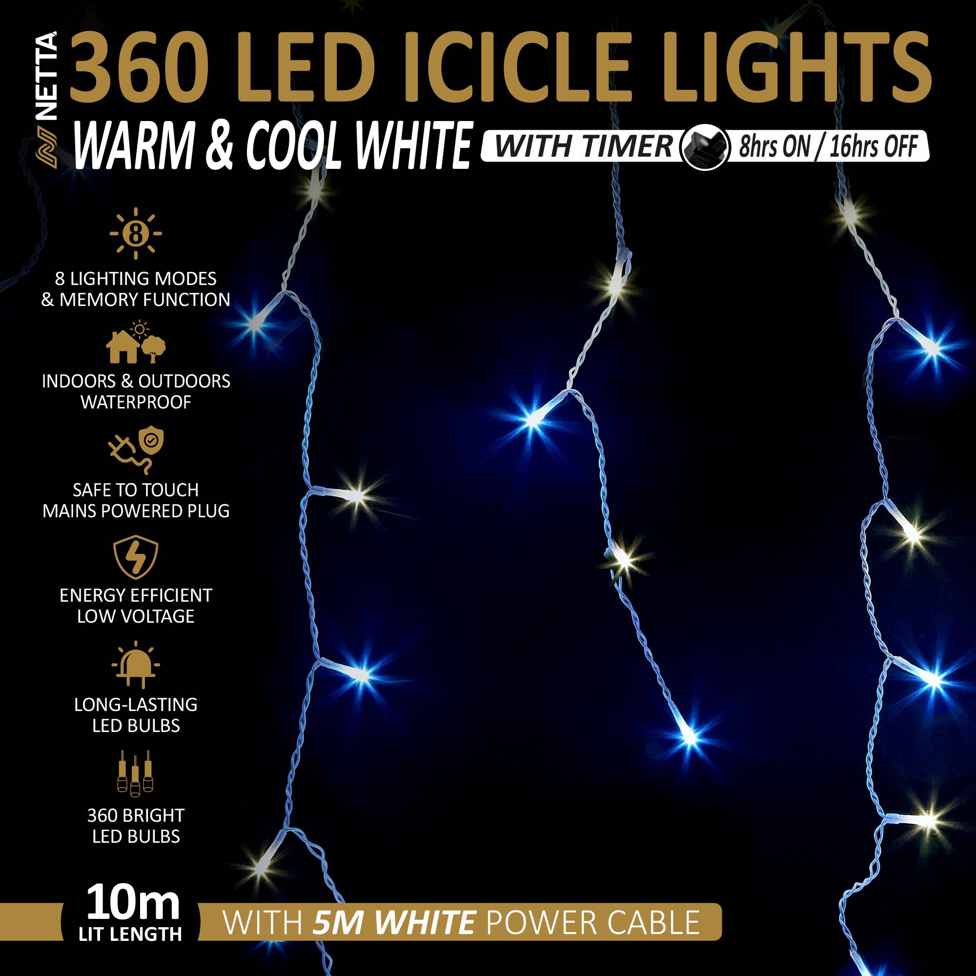 NETTA 10m 360 LED Outdoor Icicle Christmas Lights with Timer - Warm Cool - Image 2