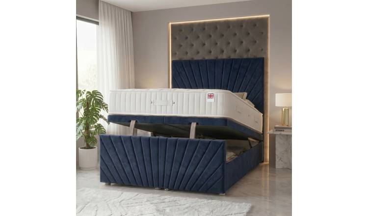 Somnior Velvet Small Single Ottoman Divan Bed with Memory Mattress - Navy