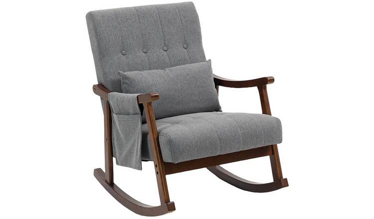 HOMCOM Upholstered Rocking Armchair with Lumbar Pillow and Side Pocket - Grey